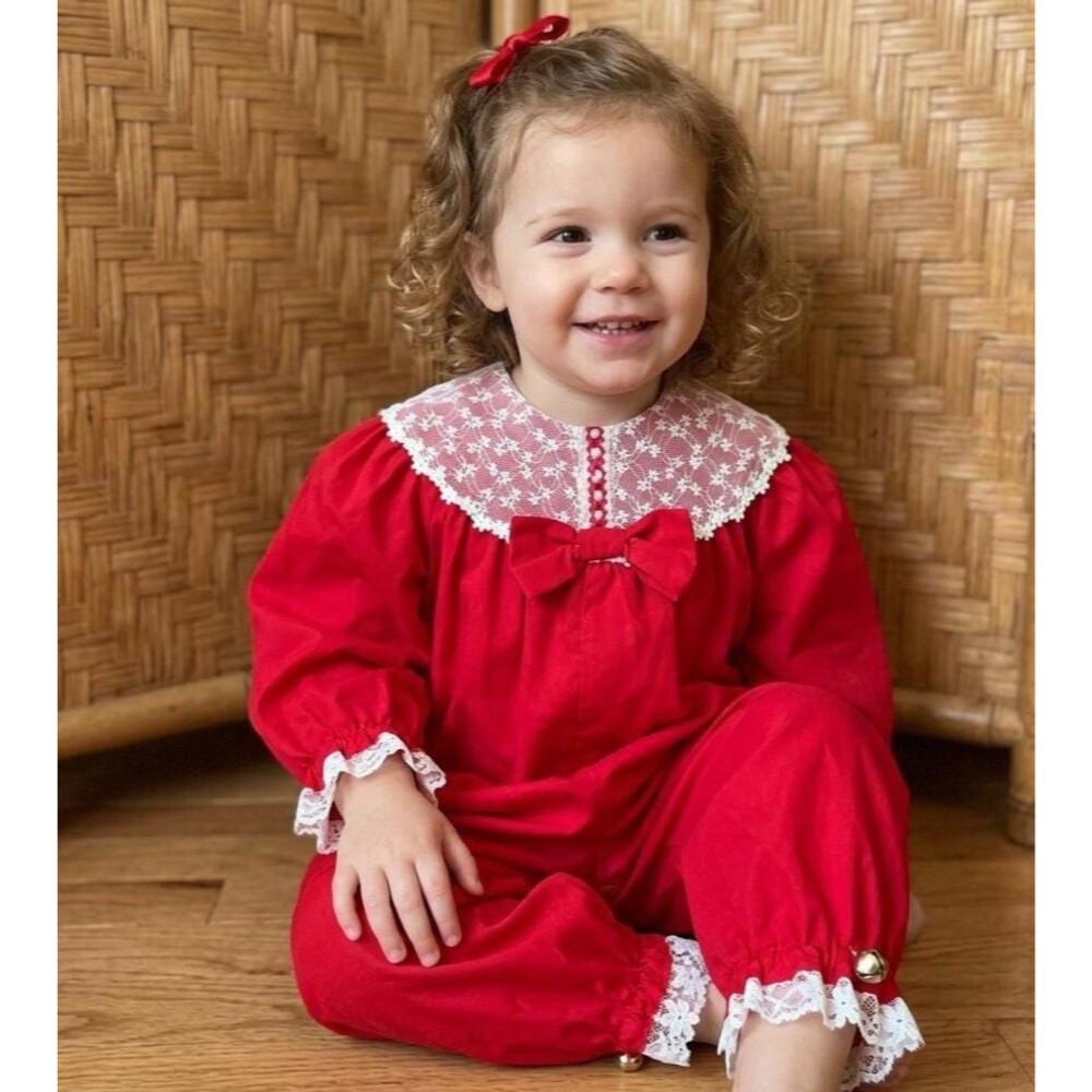 MINT Vtg 80s OOAK Red Christmas Toddler Romper Lace 4T One Piece Jumpsuit Outfit
